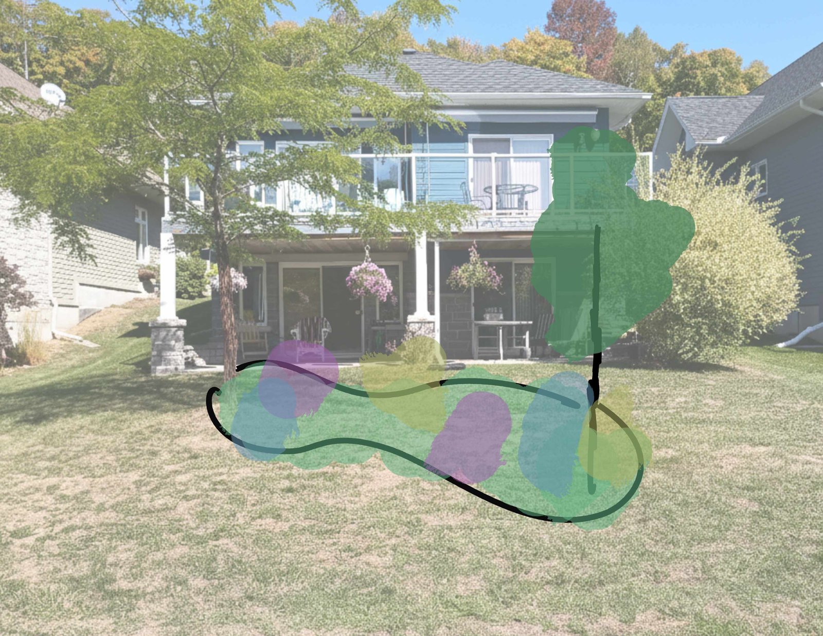 The bed design — integrating the existing Locust and new serviceberry